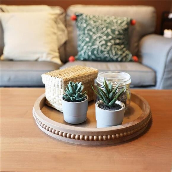 Round Wood Serving Tray Rustic Centerpiece Ottoman Tray Home Decor Organizer - Picture 6 of 7